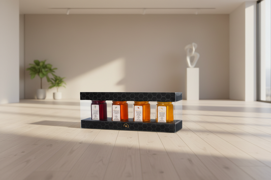 A gift set of four jars of raw honey, each a different color, arranged in a clear packaging with a black decorative border.
